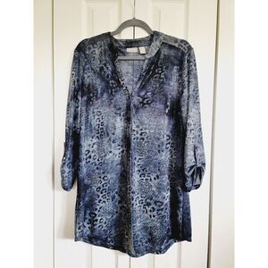 Chico's‎ 1 Cardigan Black/Blue Animal/Floral Print Lightweight Button Shimmery